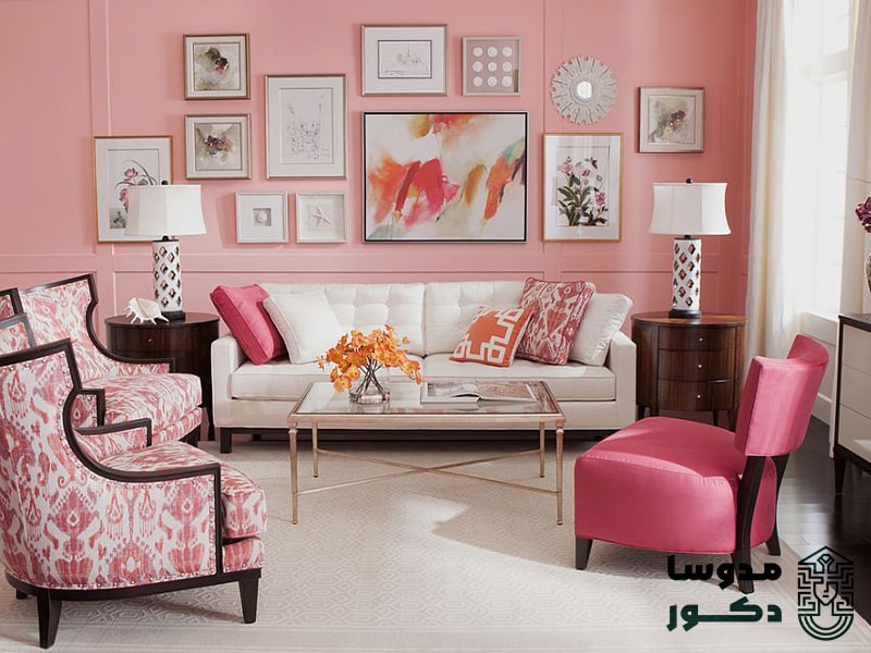 اتاق نشیمن در دکوراسیون خانه به رنگ صورتی
