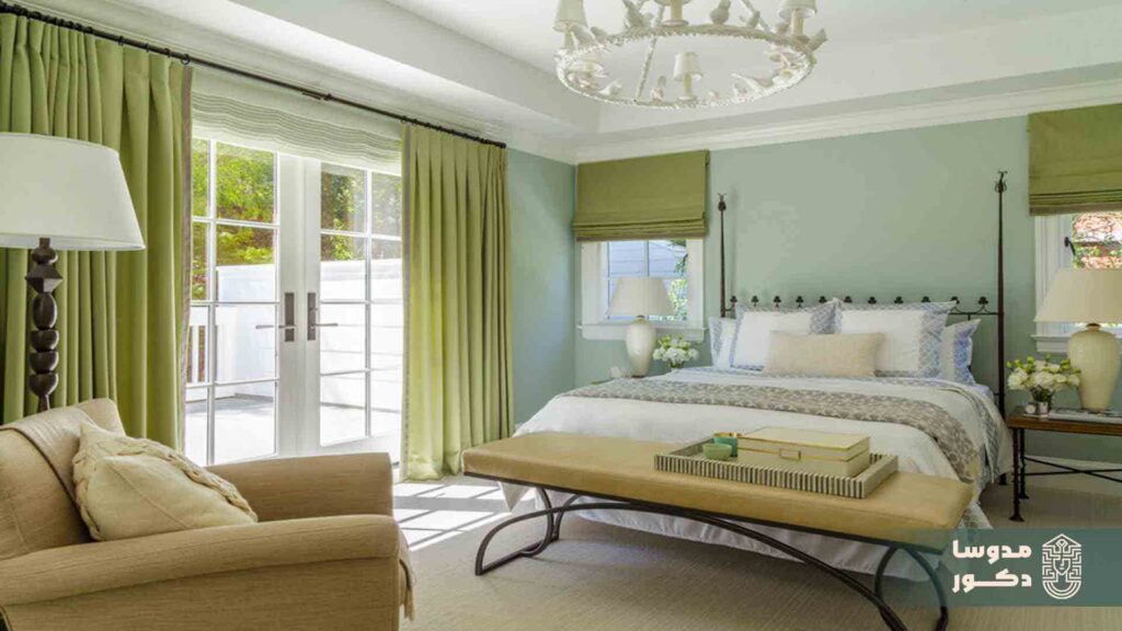 انتخاب رنگ سبز برای دیوارها و پرده‌های اتاق خواب