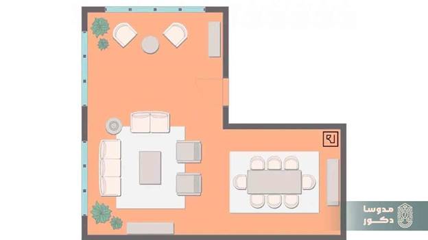 پلان پذیرایی L شکل با فضای ناهار خوری و نشیمن